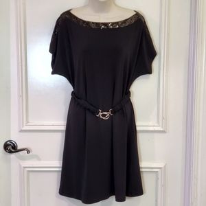 APT 9 Black Shift DRESS With Sequin Neckline and Elasticized Belt, Large